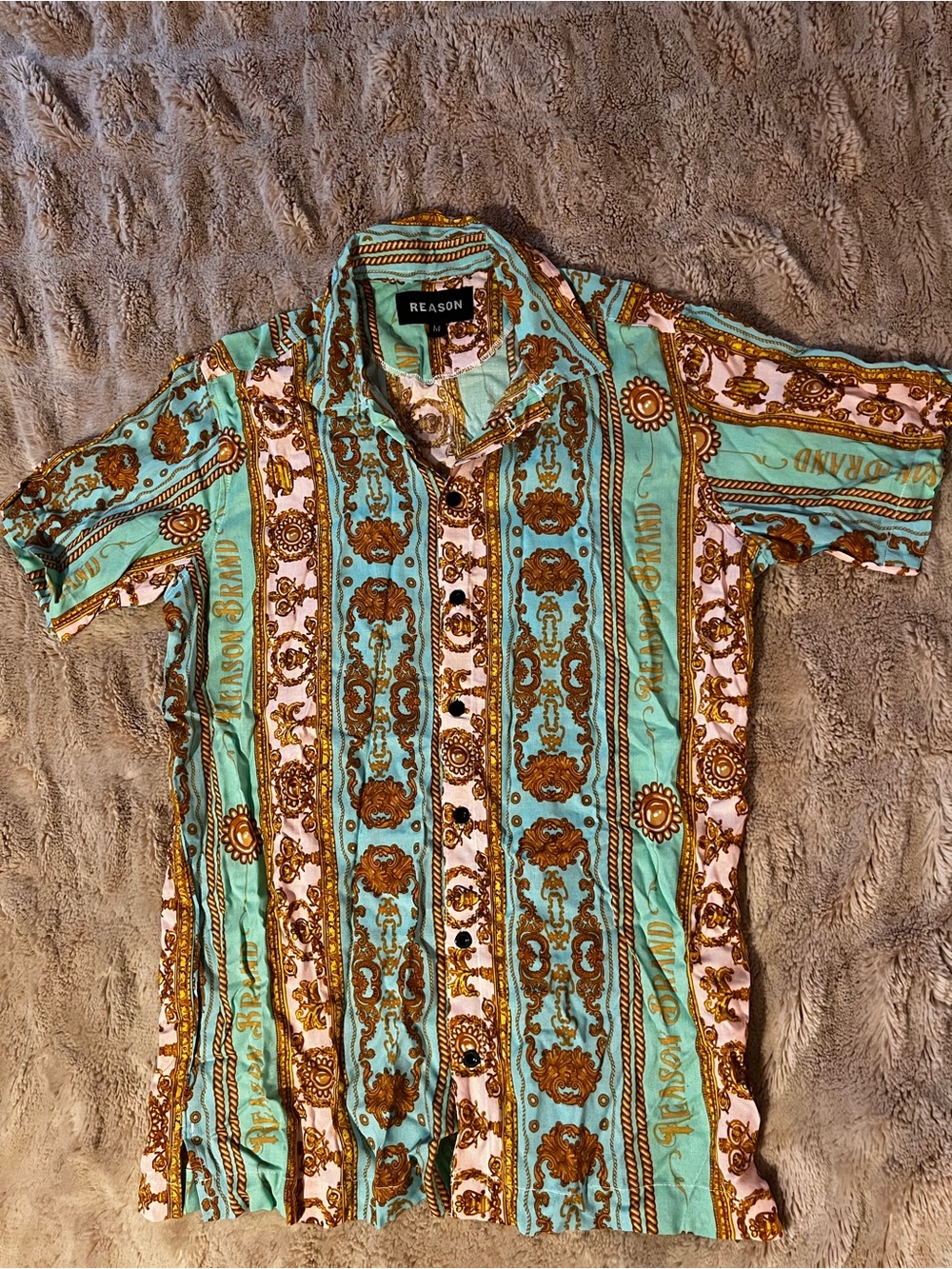 Reason Aqua and Gold Baroque Stripe Short Sleeve Button-Down Shirt